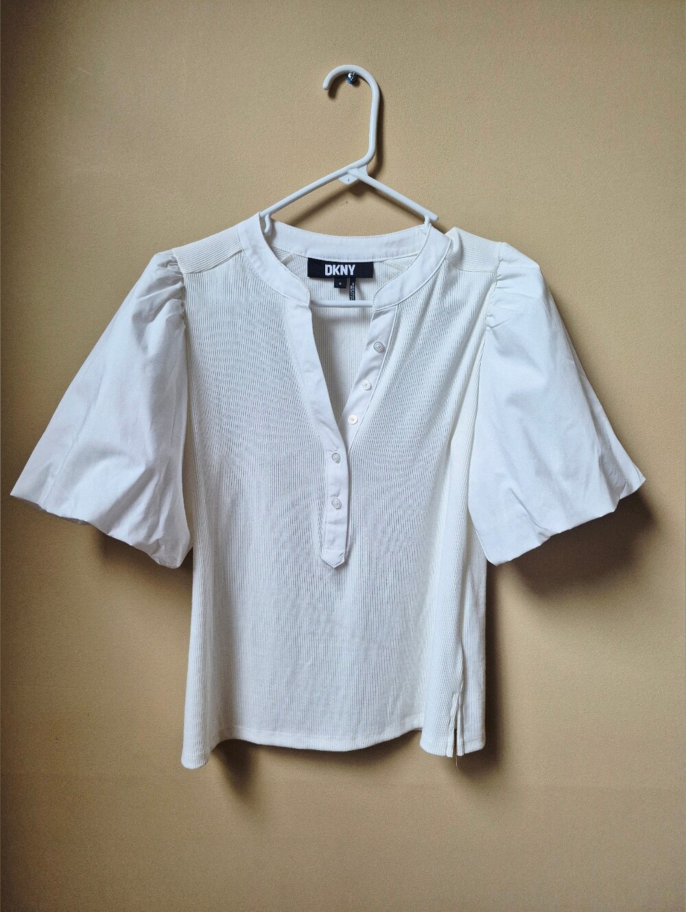 DKNY Ivory Puff Sleeve Ribbed Henley Top Size M
